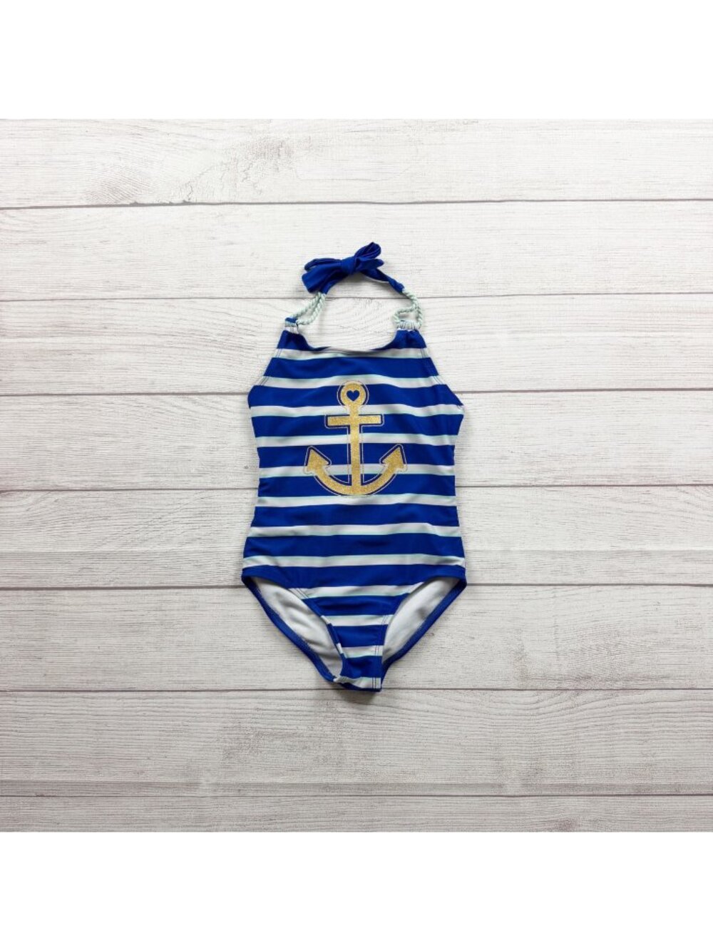 Cat & Jack Girls Striped Swimsuit Gold Anchor Halter Nautical One Piece XS 4-5